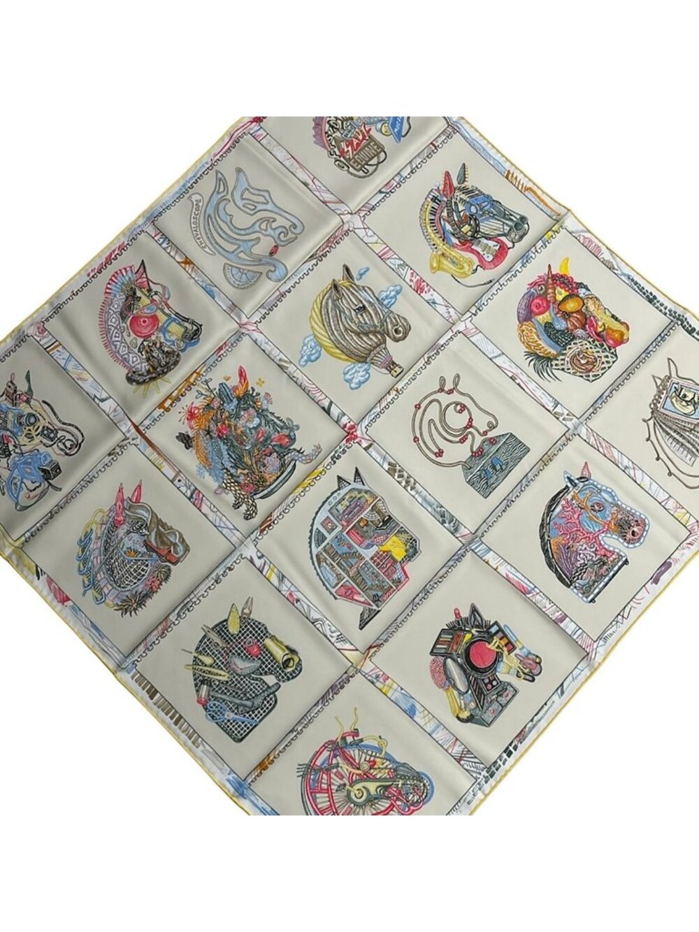 Hermes Scarf Carre 90 Ivory White Multi Chevaloscope Horse
